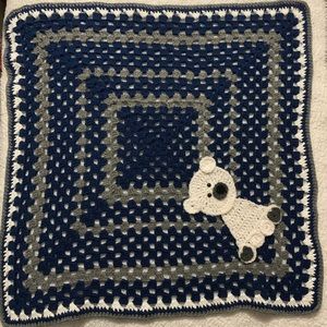 Handmade Crochet Granny Square Baby / Lap Blanket with Polar Bear Appliqué